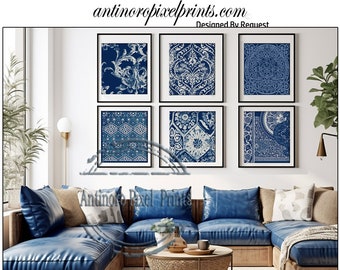 Blue Indigo Prints, Set of (6) Wall Art Prints, Custom Colors Sizes Available, Click Size #1584420572