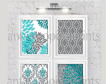 Turquoise Teal Grey White Damask Floral Prints, Set of (4) Wall Art Prints, Click "size" or "select a size"