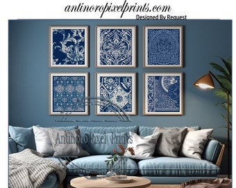 Blue Indigo Prints, Set of (6) Wall Art Prints, Custom Colors Sizes Available, Click Size #1584420572