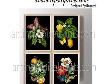 Lemon Orange Blossom Tree Butterfly Print, Custom Wall Art, Floral Black White Art Prints, Set of (4) 8x10 Prints (UNFRAMED) #1502870767