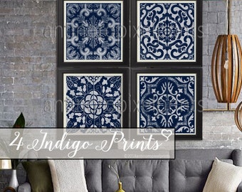 Indigo Jewels Watercolor Blues Gray  Prints, four Piece Graphic Art Prints - Set Includes (4) 12x12 Art Print (UNFRAMED) #619620640