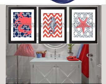 Coral Nautical Digital Print Beach House Prints Navy Blue Coral White Wall Art  -Set of (3) -8x10 Prints -  (UNFRAMED)