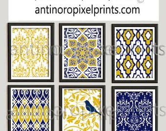 Art Damask Navy Mustard Yellow White Damask Ikat Floral Prints, (6) 8x10 Prints, Custom Colors Sizes Available (Unframed) #500042515