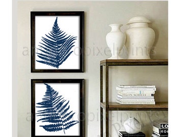 Ferns Leaf Art Blue Creme White Leave Foliage Botanical Print Art Pictures - Set of (2) 11x14 Wall Prints (UNFRAMED) #648736373