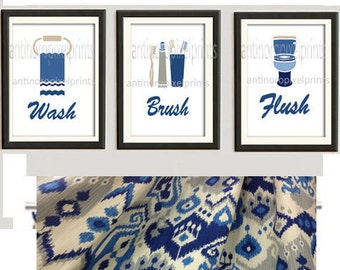Bathroom Prints Blues Grey Khaki White Wall Art Vintage / Modern Inspired -Set of (3) - 8x10 Prints -  (UNFRAMED)