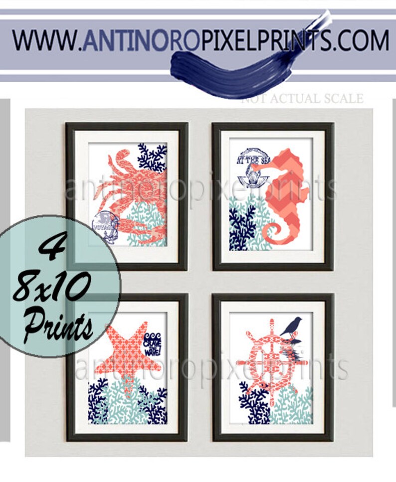 Digital Print Beach House Prints Navy Blue Coral Mint White Etsy