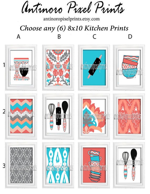 Turquesa Coral Cocina Utensilios Art Prints Pick Any 6 | Etsy