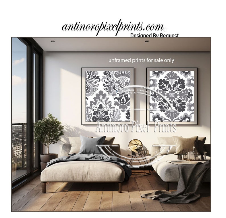 Poster Grays, White Floral Art, Set of 2 Prints, Size 16x16 Prints UNFRAMED 1660811031 image 1