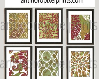 Fall Autumn Watercolor Burgundy Green Golden Maple Tans White Patchwork Prints Modern inspired Art Prints - (6) 8x10 Prints - (UNFRAMED)