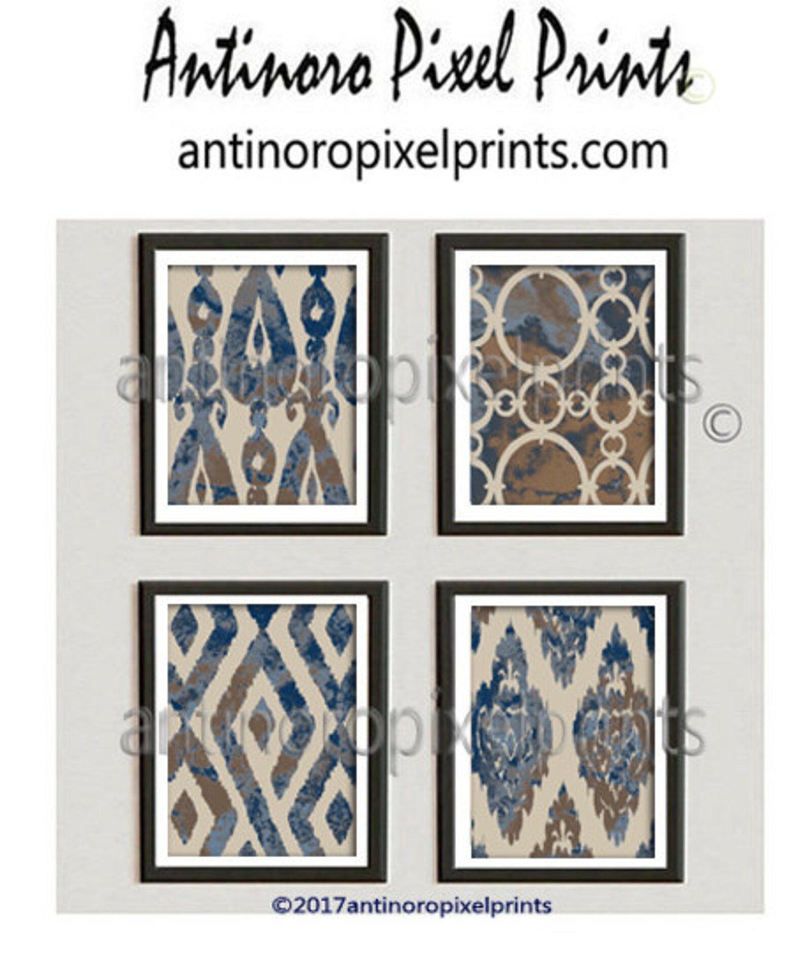 Watercolor Ikat Navy Slate Blue Taupe Creme Pictures Wall Art Etsy