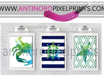 Watercolor Navy Green Turquoise Digital Illustration Bath / Beach House Prints Wall Art Set of (3) - Wall Art Prints -  (UNFRAMED)