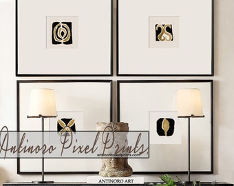 Contemporary Abstract Black Gold Metallic Creme Prints, Set of (4) Wall Art Prints, Custom Colors Sizes Available, Click Size #1479701293