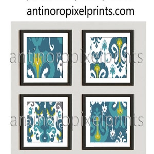 Teals, Turquoise, Lime, Grey Damask Ikat Art Prints Collection - Set of (4) - 10 x 10 Prints - (UNFRAMED) Custom Colors Available