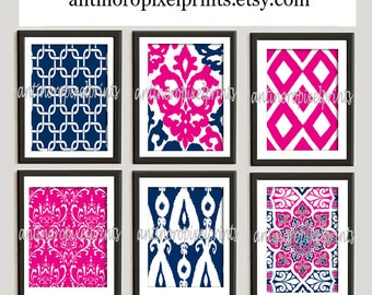 Navy Pink Ikat Digital illustration Wall Art - Set of (6) - 8x10 Prints - (UNFRAMED) Custom Colors Sizes Available