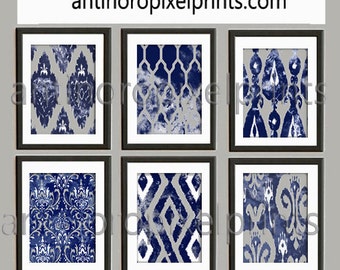 Bohemian Watercolor Navy Indigo Grey Damask Wall Art - Set of (6) Prints  8x10 Prints - Custom Colors Sizes Available (UNFRAMED) #125653809