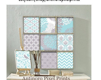 Patchwork Damask Prints Blue PMS 318 Grey Art Prints - (9) 12x12 Prints - Custom Colors Sizes Available (UNFRAMED)