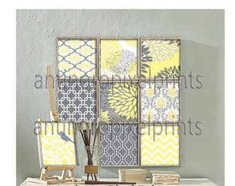 Patchwork Damask Prints Yellow Grey Modern inspired Art Prints - set Includes (9) 5x7 Prints - Custom Colors Sizes Available (UNFRAMED)