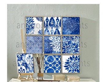 Damask Watercolor Blues White Patchwork Prints Modern inspired Art Prints - Nine 8x8 Prints (UNFRAMED)
