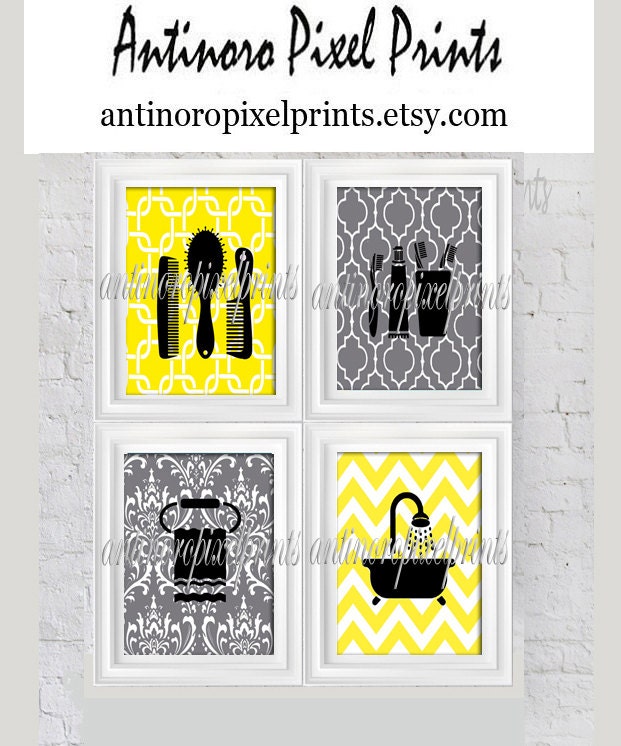 Yellow Grey Bathroom Digital Wall Art Collection Combs Towel Etsy