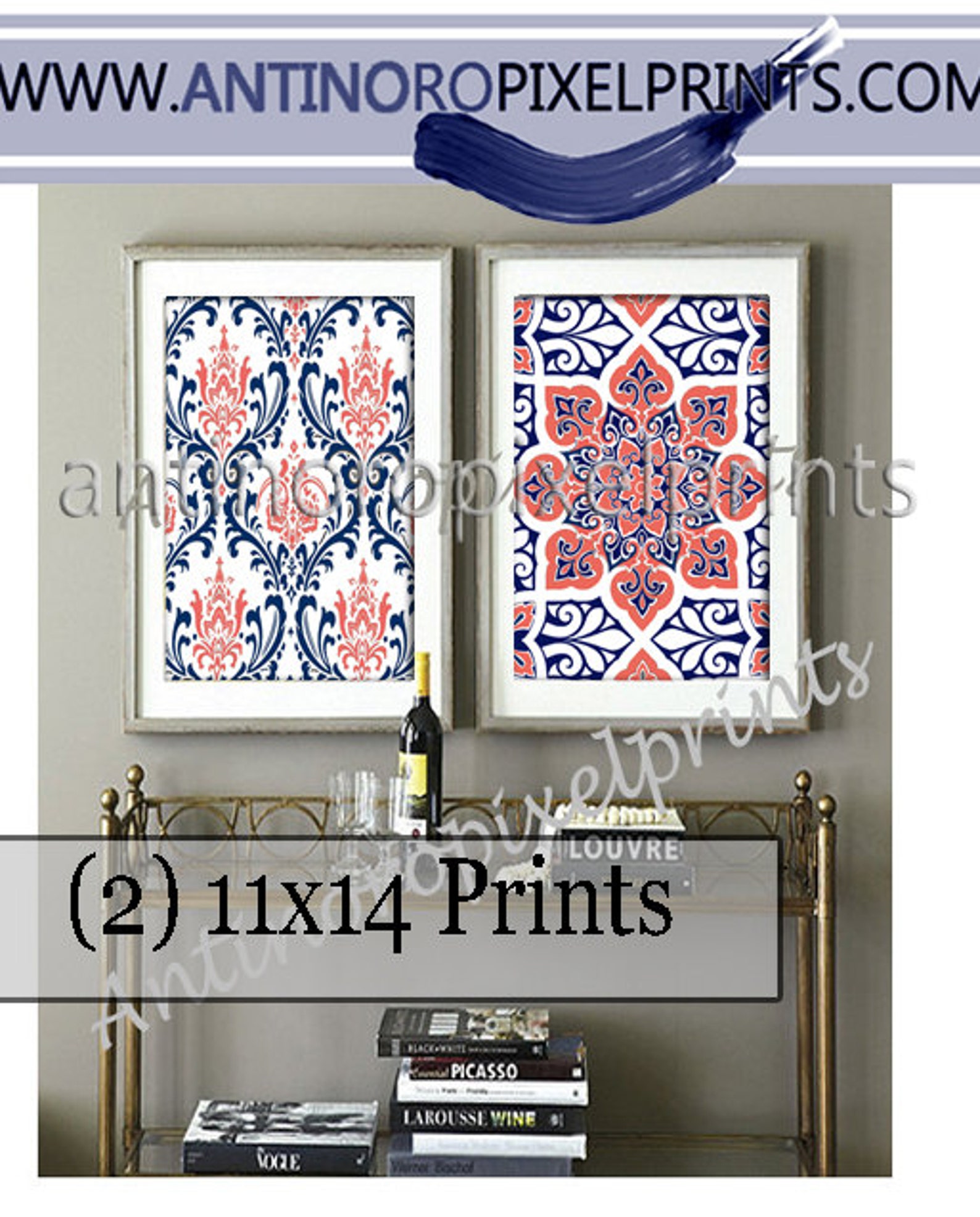 Digital Print Ikat Prints Coral Navy White Wall Art Vintage / Etsy