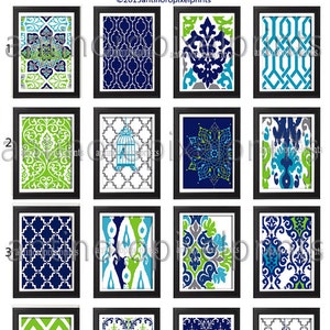 Turquoise Navy Chartreuse Grey Damask Art Print Set of Any 4 11 x 14 Unframed Art Print, Custom Colors Sizes Available image 1