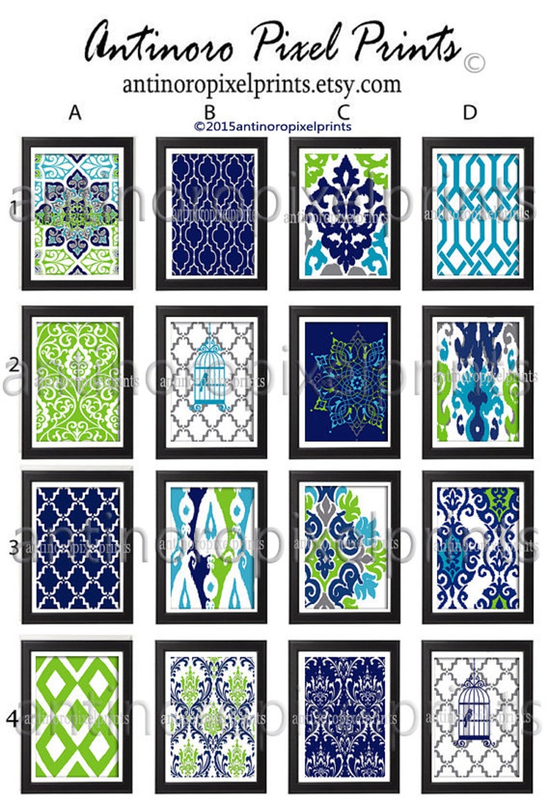 Turquoise Navy Chartreuse Grey Damask Art Print Set of Any 4 11 x 14 Unframed Art Print, Custom Colors Sizes Available image 1