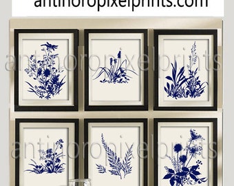 Flower Garden Botanical Print Gallery Set of (6) 8x10- Art Prints (Featured in Creme Background and Navy) Blue Off White Khaki (Unframed)