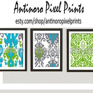Ikat Turquoise Green Grey Damask Digital Wall Art Print  -Set of (3) 8 x 10 -  Prints -  (UNFRAMED) Custom Colors Sizes Available