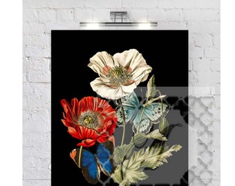 Red White Floral Butterflies Print, Custom Wall Art, Floral Black White Art Prints, (1) 16x20 Prints (UNFRAMED) #637519643