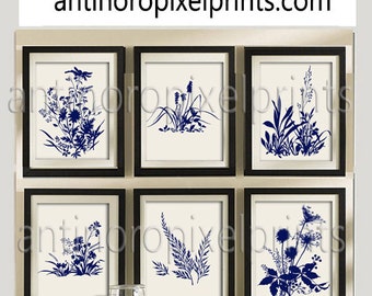 Botanical Prints Navy Creme Floral Damask Wall Modern Wall Art Pictures  - Set of (6) 8x10 prints #25149142