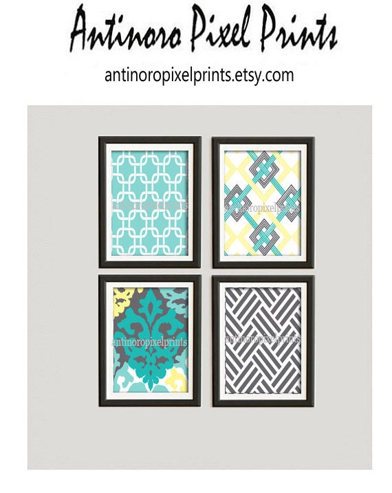 Items similar to Digital Print Wall Art Yellow turquoise Grey Vintage / Modern inspired Wall Art