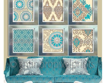 Turquoise Teal Khaki Creme Print Wall Art Pictures  - Set of (6) - 8x10 Prints - Your Custom Colors Available (UNFRAMED) #156716666