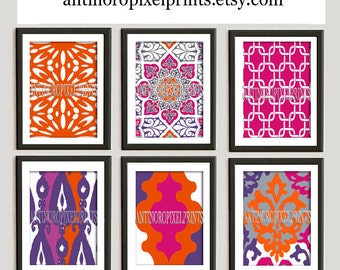 Wall Art Prints Orange Pink Purple Vintage / Modern inspired  Art Prints Collection  -Set of (6) - 8 x 10 Prints - (UNFRAMED)