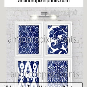 Watercolor Ikat Damask Navy Blues White Prints, Set of 4 Wall Art Prints, Custom Colors Sizes Available Unframed image 1