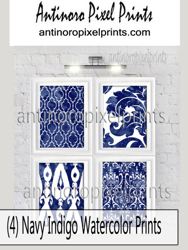 Watercolor Ikat Damask Navy Blues White Prints, Set of 4 Wall Art Prints, Custom Colors Sizes Available Unframed image 1