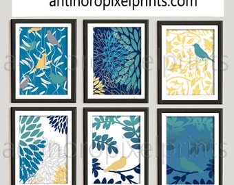 Navy Turquoise Teal Yellow Grey Bird Modern inspired Art Prints Collection -Set of (6) - 8x10 Prints (UNFRAMED) #238689946