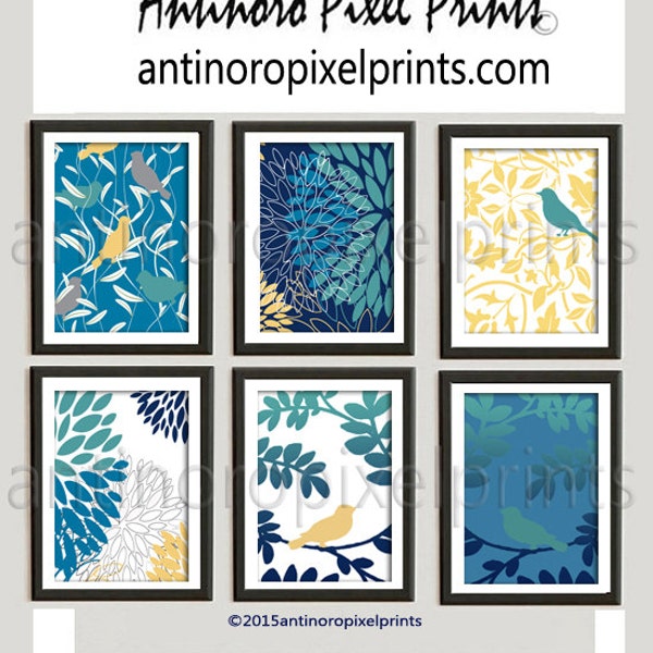 Navy Turquoise Teal Yellow Grey Bird Modern inspired Art Prints Collection -Set of (6) - 8x10 Prints (UNFRAMED) #238689946