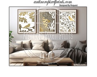 Gold Beige's Floral Bird Modern inspired Art Prints Collection -Set of (3) - 8x10 Prints (UNFRAMED) #467283369