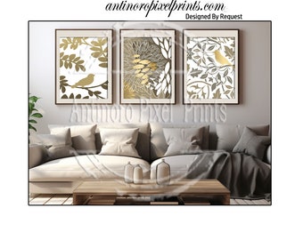 Floral Bird Gold Beige Tan Set of (3) Wall Art Prints, Unframed, Click "size" #1520561410