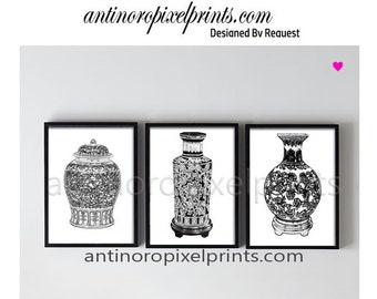 Black White blue Jar Wall Art Print