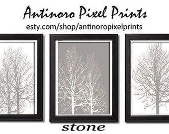 Khaki Foliage Digital Wall Art Grey White Tree  Wall Art Vintage / Modern Inspired Art Prints  -Set of 3 - 8x10 Prints -  (UNFRAMED)