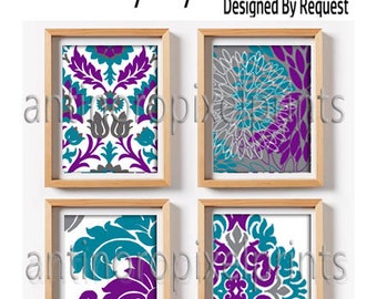 Art Teal Turquoise Purple Grey White Ikat Pictures, Set of (4) 8x10 Wall Art Prints, Custoim Colors Sizes Available (Unframed) click "Size"