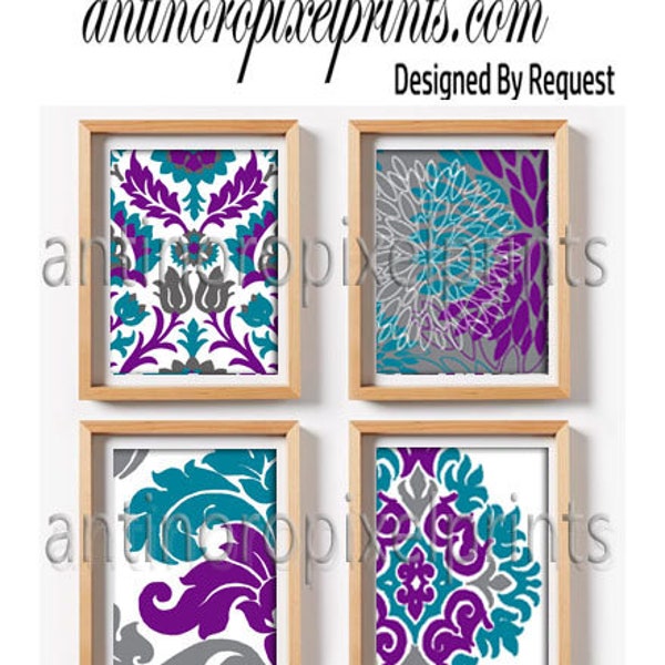 Art Teal Turquoise Purple Grey White Ikat Pictures, Set of (4) 8x10 Wall Art Prints, Custoim Colors Sizes Available (Unframed) click "Size"