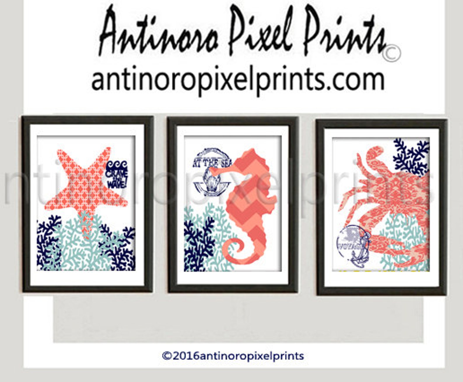 Digital Print Beach House Prints Navy Blue Coral Mint White Etsy