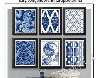 Paisley Ikat Damask Navy Blue Prints, (6) 10x10 Prints, Custom Colors Sizes Available, Custom Colors Available