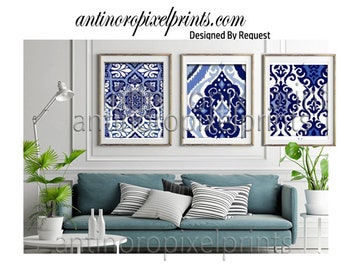 Wall Art Navy Indigo White Ikat Modern inspired Art Picture Collection  (3) 12x12 Prints -  (UNFRAMED) #198972323