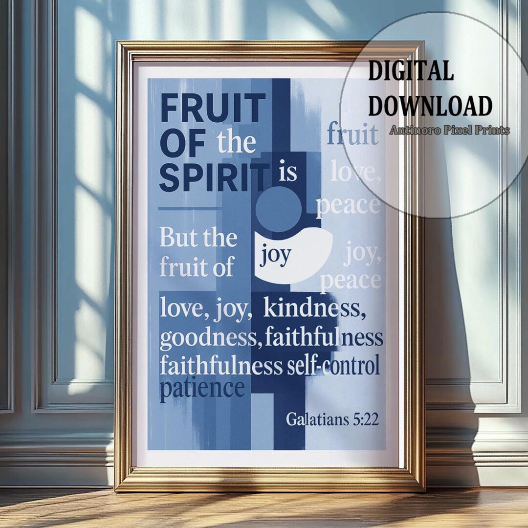 Blue Modern Bible Verse Art – Galatians 5:22 – Mid-century Faith Print ...