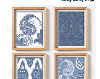 Art Paisley Ikat Damask Blues White Prints, (4) 11x14 Prints, Custom Colors Sizes Available #645155701