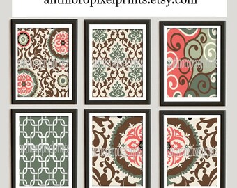 Coral Brown Green Damask Vintage Modern inspired Art Print  - Set of (6) 8x10 Prints Custom Colors Sizes Available