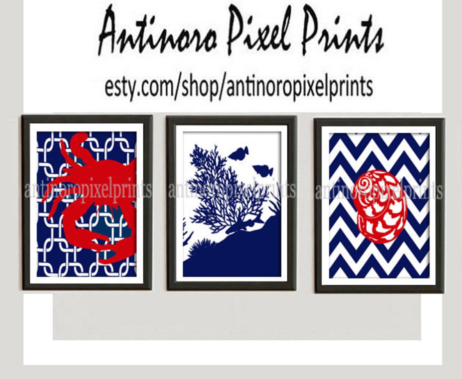 Digital Beach House Prints Red Navy White Wall Art Vintage / Etsy